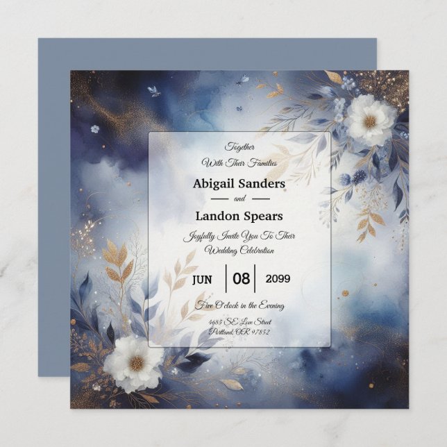 Convite Navy Blue and Gold Floral Wedding  (Frente/Verso)