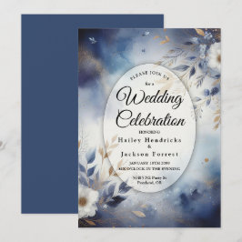 Convite Navy Blue and Gold Floral Wedding