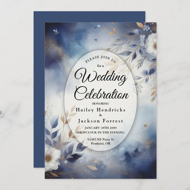 Convite Navy Blue and Gold Floral Wedding (Frente/Verso)