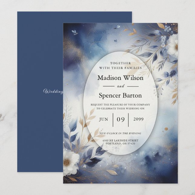Convite Navy Blue and Gold Floral Wedding (Frente/Verso)