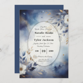 Convite Navy Blue and Gold Floral Wedding Invitation