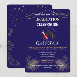 Convite Navy Blue and Gold Graduation Party Save the Date 