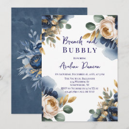 Convite Navy Blue and Gold Peony Brunch and Bubbly