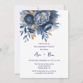 Convite Navy Blue and Gold Peony Flower Engagement Party