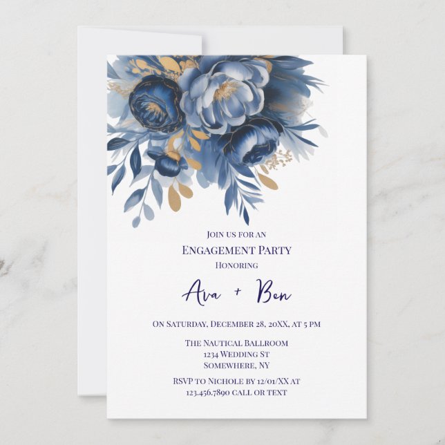 Convite Navy Blue and Gold Peony Flower Engagement Party (Frente)
