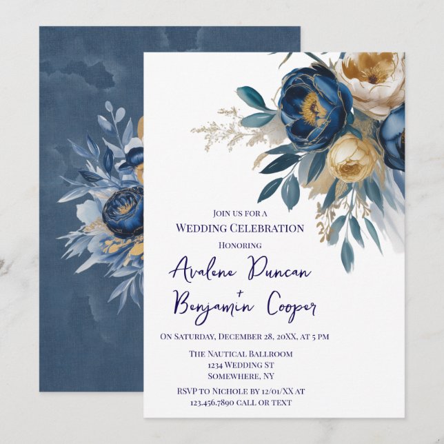 Convite Navy Blue and Gold Peony Wedding Celebration  (Frente/Verso)