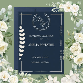 Convite Navy Blue and Ivory Elegant Laurel Wreath Wedding