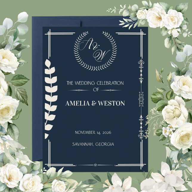 Convite Navy Blue and Ivory Elegant Laurel Wreath Wedding  (Criador carregado)