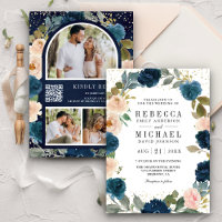 Navy Blue and Peach Floral Photo QR Code Wedding