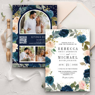 Convite Navy Blue and Peach Floral Photo QR Code Wedding