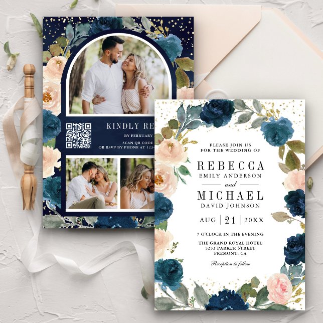 Convite Navy Blue and Peach Floral Photo QR Code Wedding (Criador carregado)