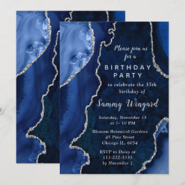 Convite Navy Blue and Silver Agate Marble Birthday Party