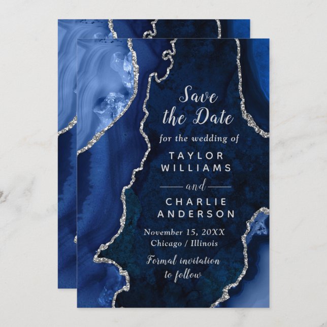 Convite Navy Blue and Silver Agate Marble Save The Date (Frente/Verso)