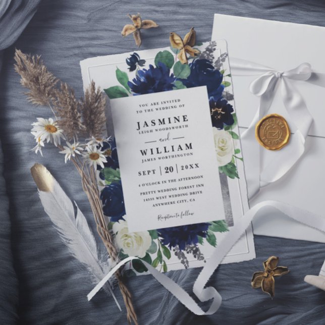 Convite Navy Blue and Silver Floral QR Code Wedding (Criador carregado)