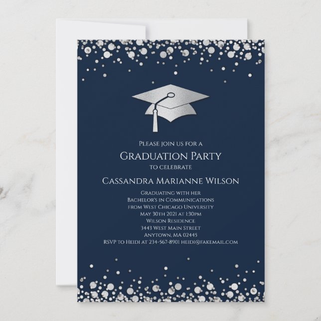 Convite Navy Blue and Silver Graduation (Frente)