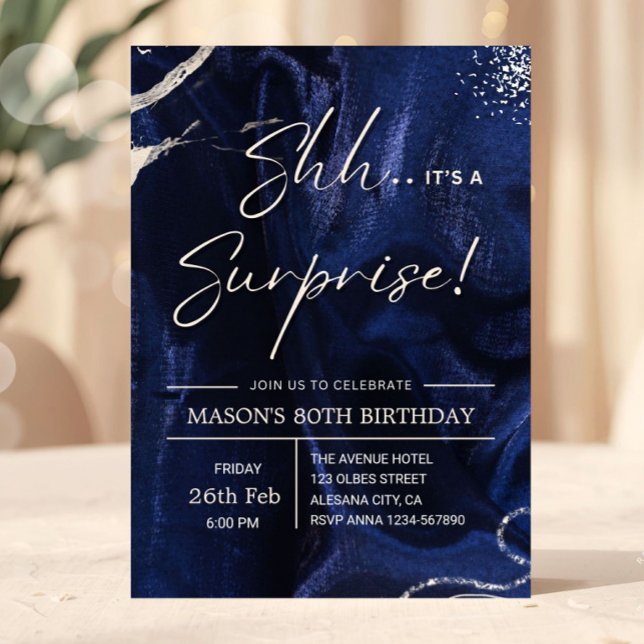 Convite Navy Blue and Silver Surprise Party (surprise birthday invitation, 80th birthday invite, navy blue gold invitation, elegant birthday invi)