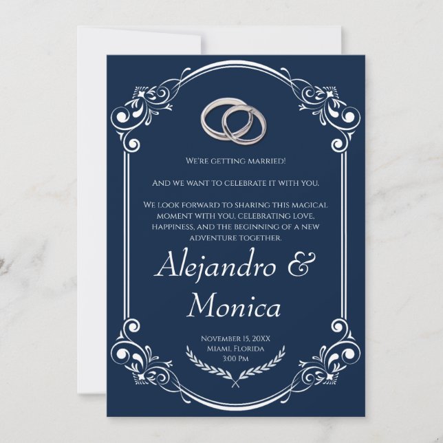 Convite Navy Blue and Silver Wedding Ring Invitation (Frente)