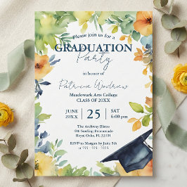 Convite Navy Blue And Yellow Watercolor Floral Graduation