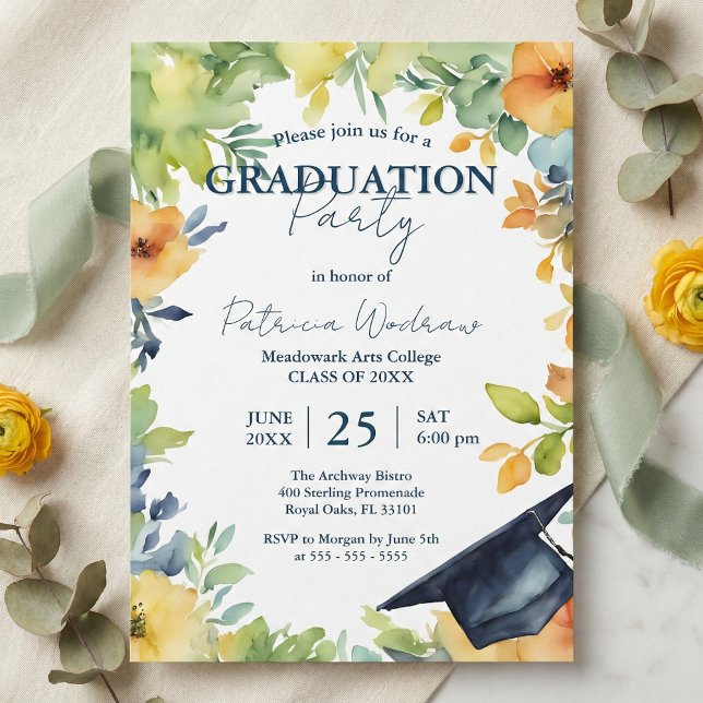 Convite Navy Blue And Yellow Watercolor Floral Graduation  (Criador carregado)