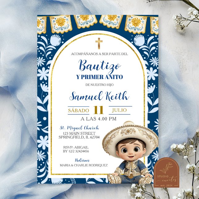 Convite Navy Blue Arch Cielito Lindo Baptism 1st Birthday (Criador carregado)