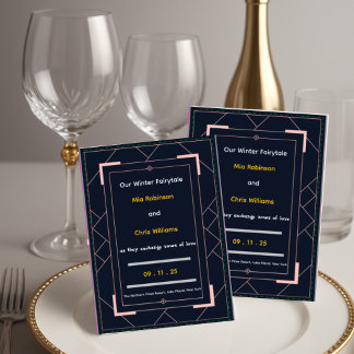 Convite Navy Blue Art Deco Rose Gold Geometric Wedding