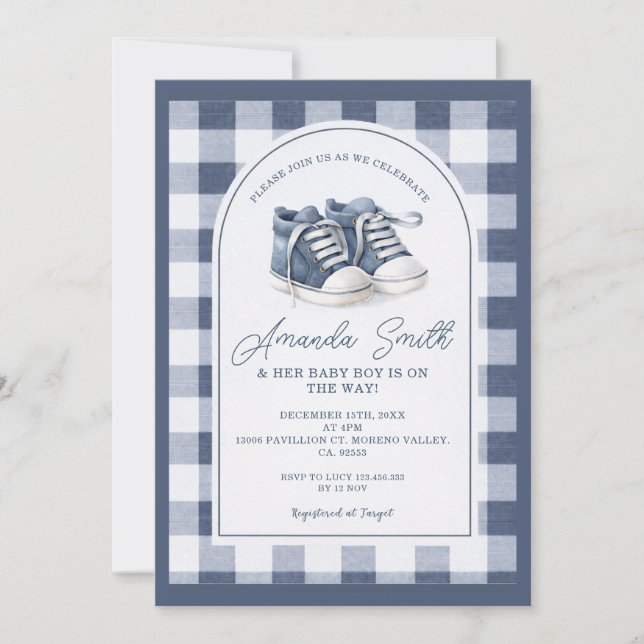 Convite Navy Blue BabShoes Gingham Baby Shower Invitation, (Frente)