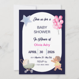 Convite Navy Blue Baby Shower Invitation | Watercolor 