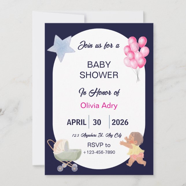 Convite Navy Blue Baby Shower Invitation | Watercolor  (Frente)