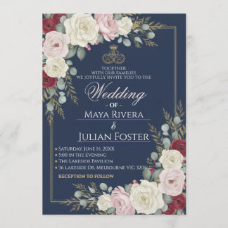 Convite Navy Blue Blush Burgundy Floral Gold Frame Wedding