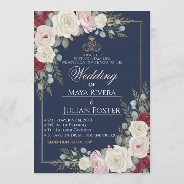 Convite Navy Blue Blush Burgundy Floral Gold Frame Wedding (Frente)