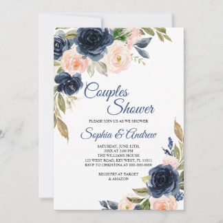 Convite Navy Blue & Blush Floral Couples Shower Invitation