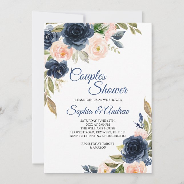 Convite Navy Blue & Blush Floral Couples Shower Invitation (Frente)