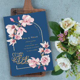 Convite Navy Blue Blush Pink Magnolia Floral Save the Date