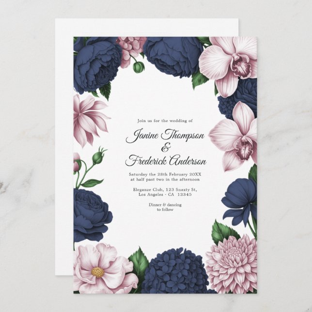 Convite Navy Blue & Blush Watercolor Floral Wedding (Frente/Verso)