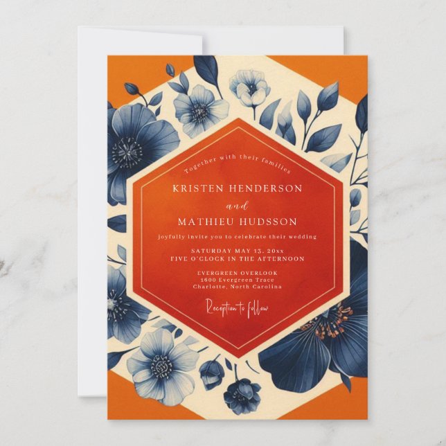 Convite Navy Blue Botanical Romance Wedding (Frente)