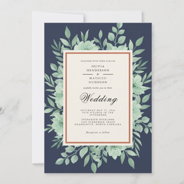 Convite Navy Blue Botanical Spring Wedding (Frente)