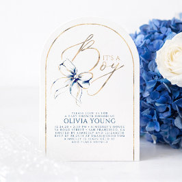 Convite Navy Blue Bow Elegant Modern Baby Shower Boy