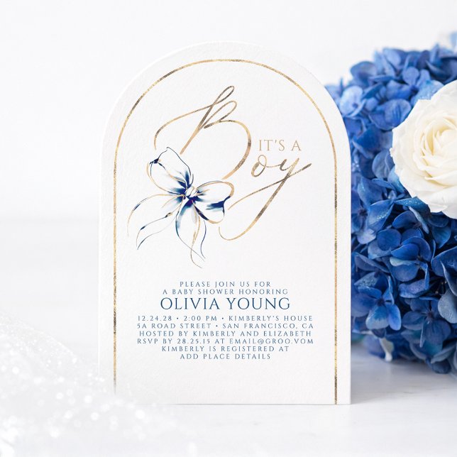 Convite Navy Blue Bow Elegant Modern Baby Shower Boy (Navy Blue Bow Baby Shower Arch Invitation)