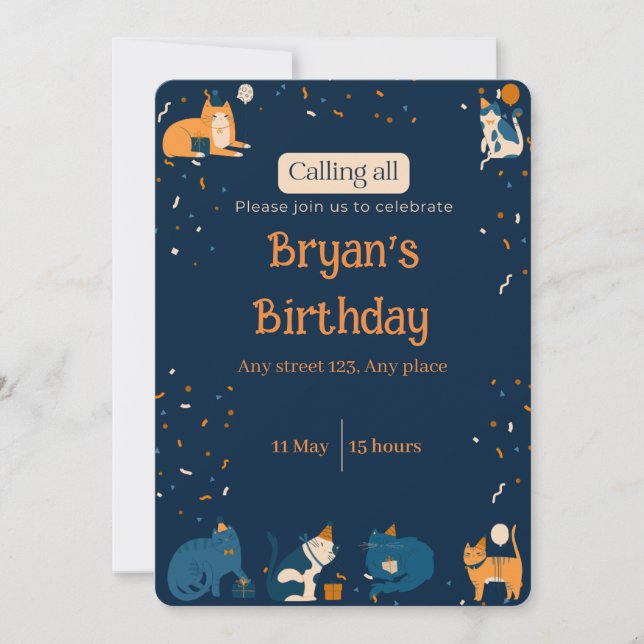 Convite Navy Blue Boy Cat Invite (Frente)