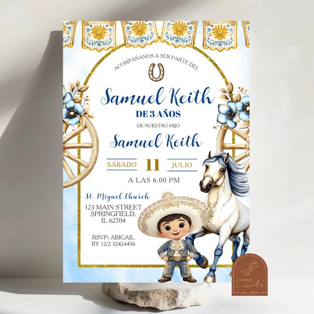 Convite Navy Blue Boy Charro and Horse Presentacion de 3 a (Criador carregado)