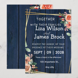 Convite Navy Blue Burgundy Gold Blush wood Wedding 