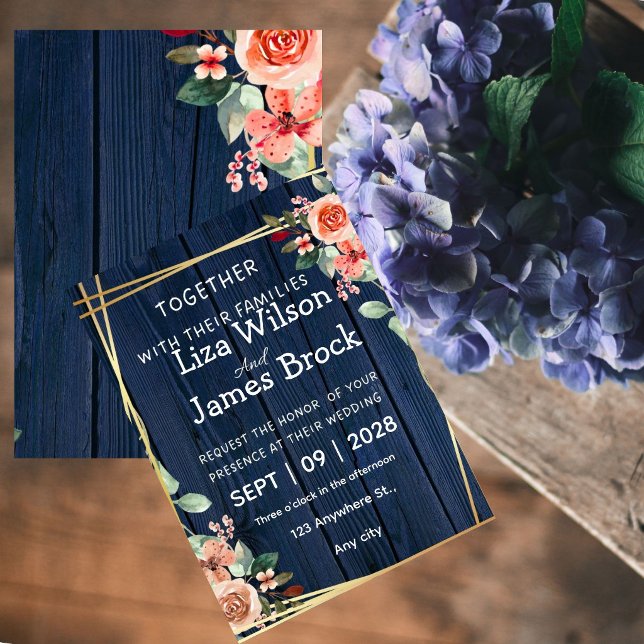 Convite Navy Blue Burgundy Gold Blush wood Wedding  (Criador carregado)