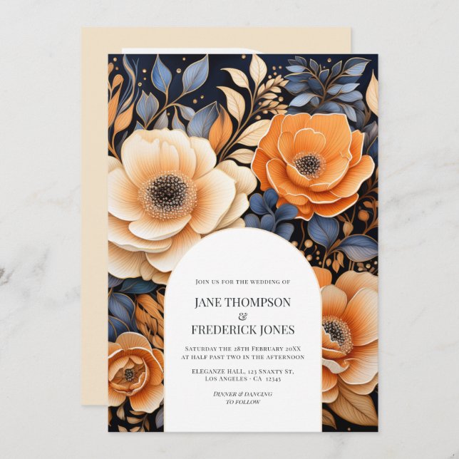 Convite Navy Blue, Burnt Orange & Champagne Floral Wedding (Frente/Verso)