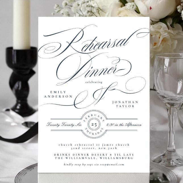 Convite Navy Blue Classy Elegant Wedding Rehearsal Dinner (Criador carregado)