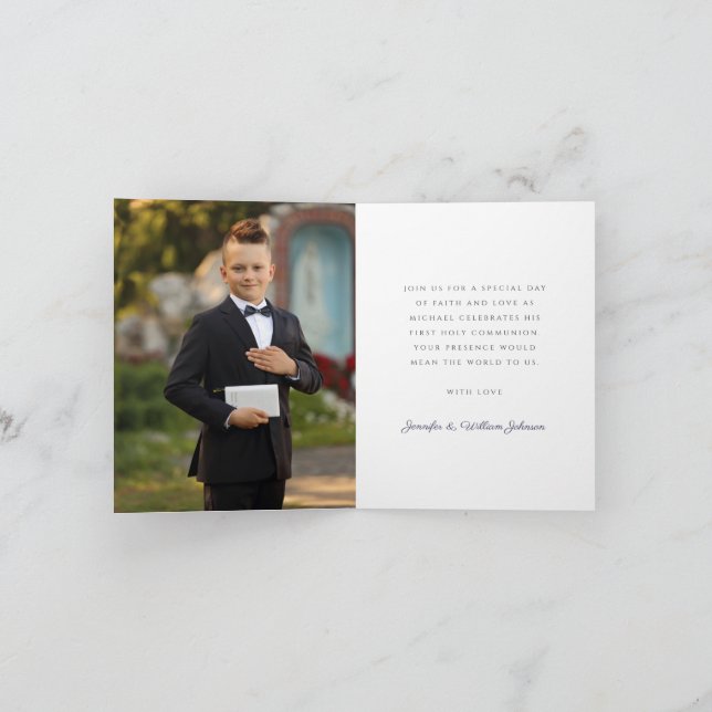 Convite Navy Blue Cross Photo Boy First Communion (Interior)