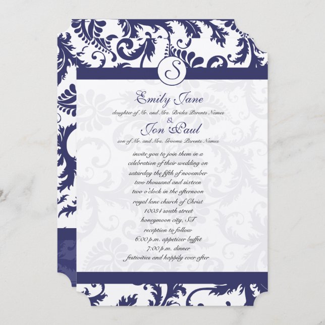 Convite Navy Blue Damask Monogram Wedding Invitation (Frente/Verso)