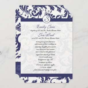 Convite Navy Blue Damask Monogram Wedding Invitation