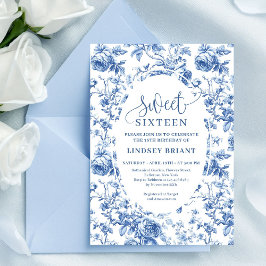 Convite Navy Blue Digital Floral Invitation 16th Birthday
