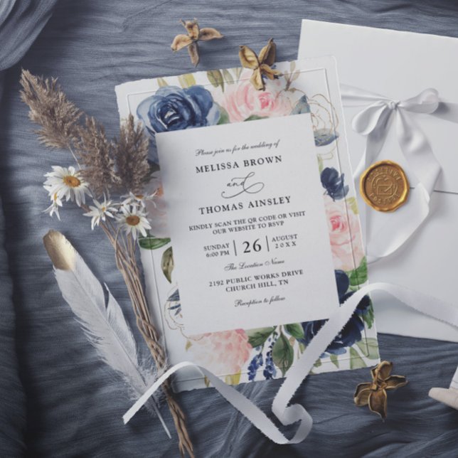 Convite Navy Blue Dusty Floral Budget QR Code Wedding (Criador carregado)