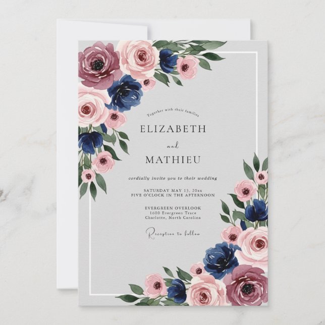 Convite Navy Blue Dusty Rose Polished Floral Wedding (Frente)